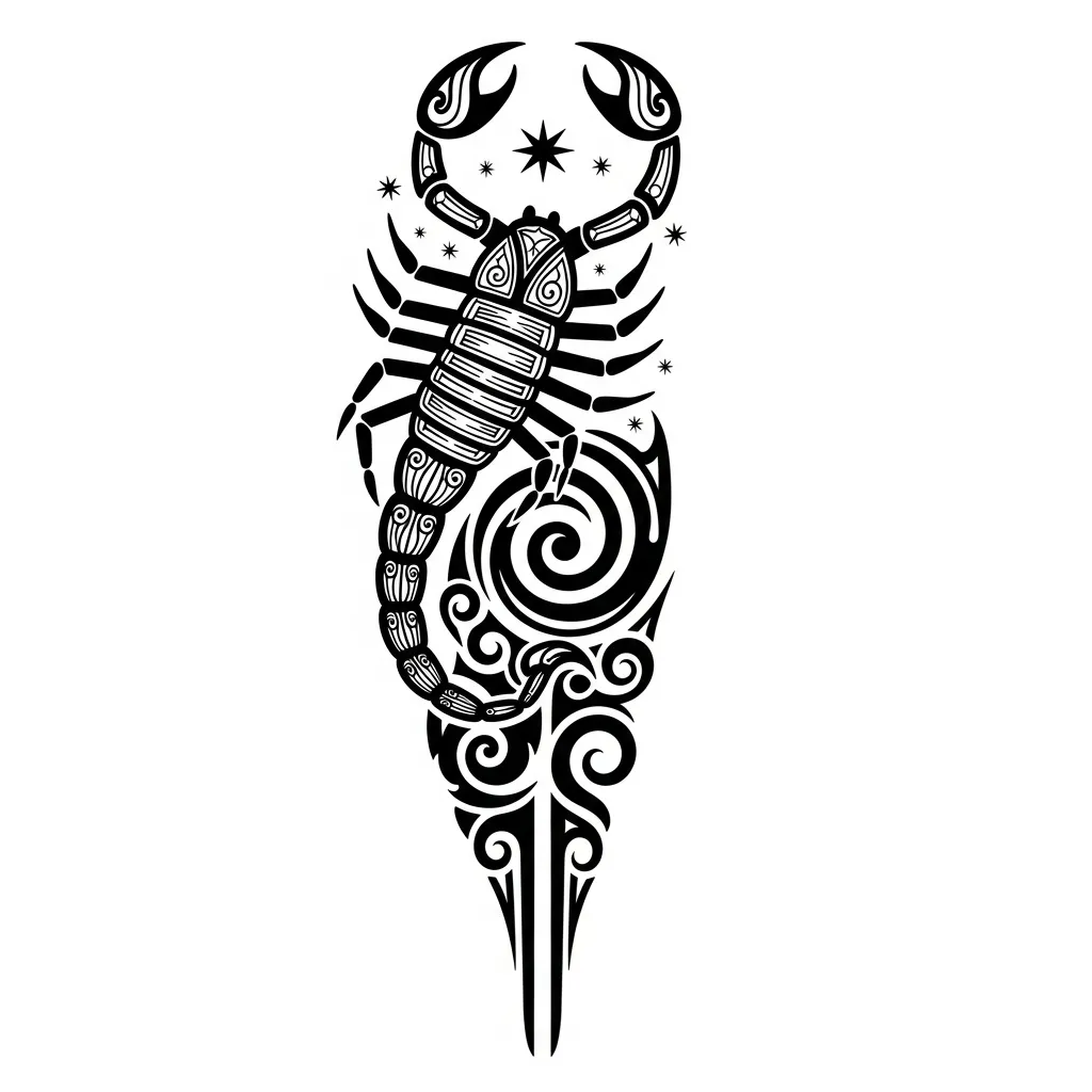Tribal Scorpion Tattoo with Moon and Stars Design