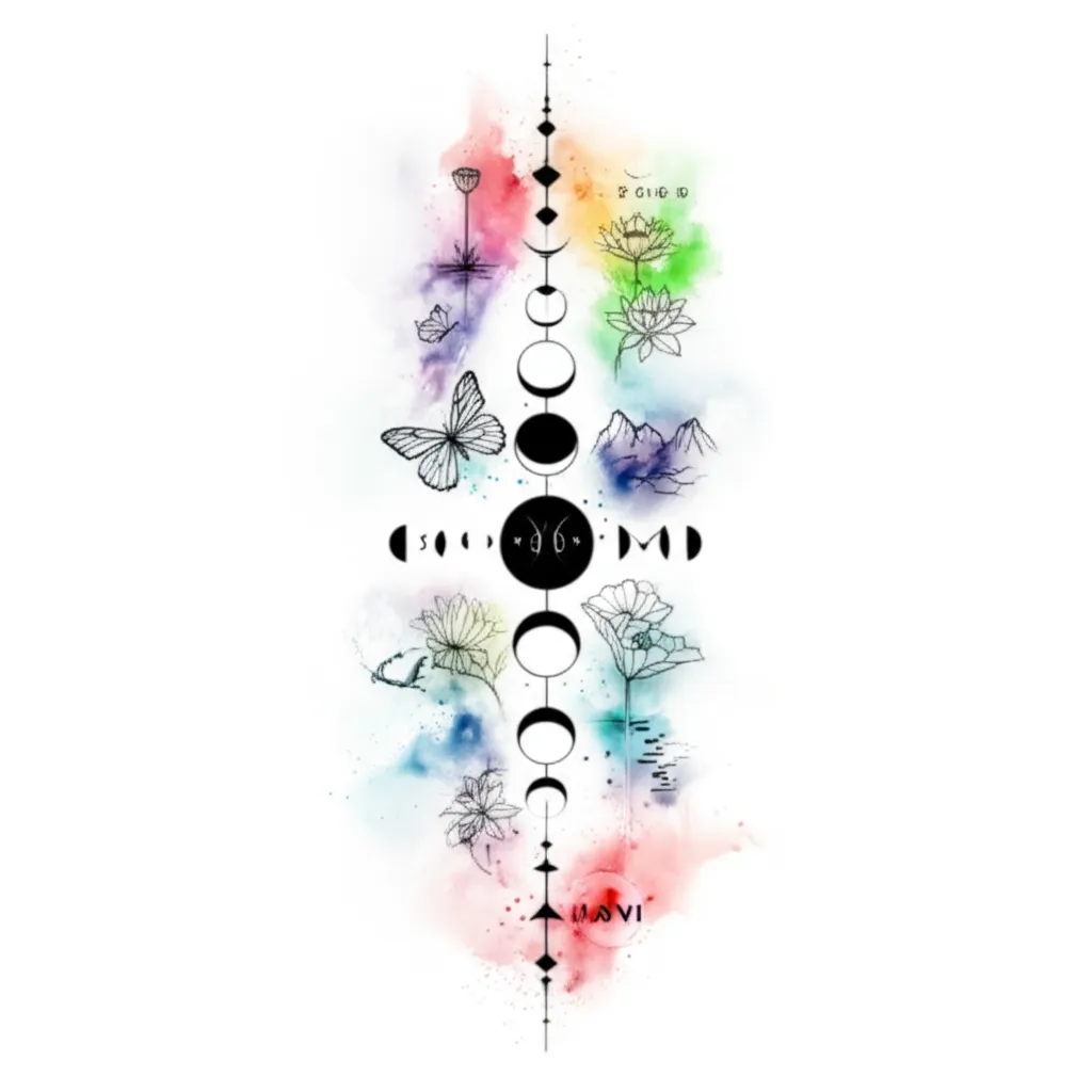 Celestial Spine Tattoo with Pisces, Moon Phases & 2006 Date Celestial Spine Tattoo with Pisces, Moon Phases & 2006 Date