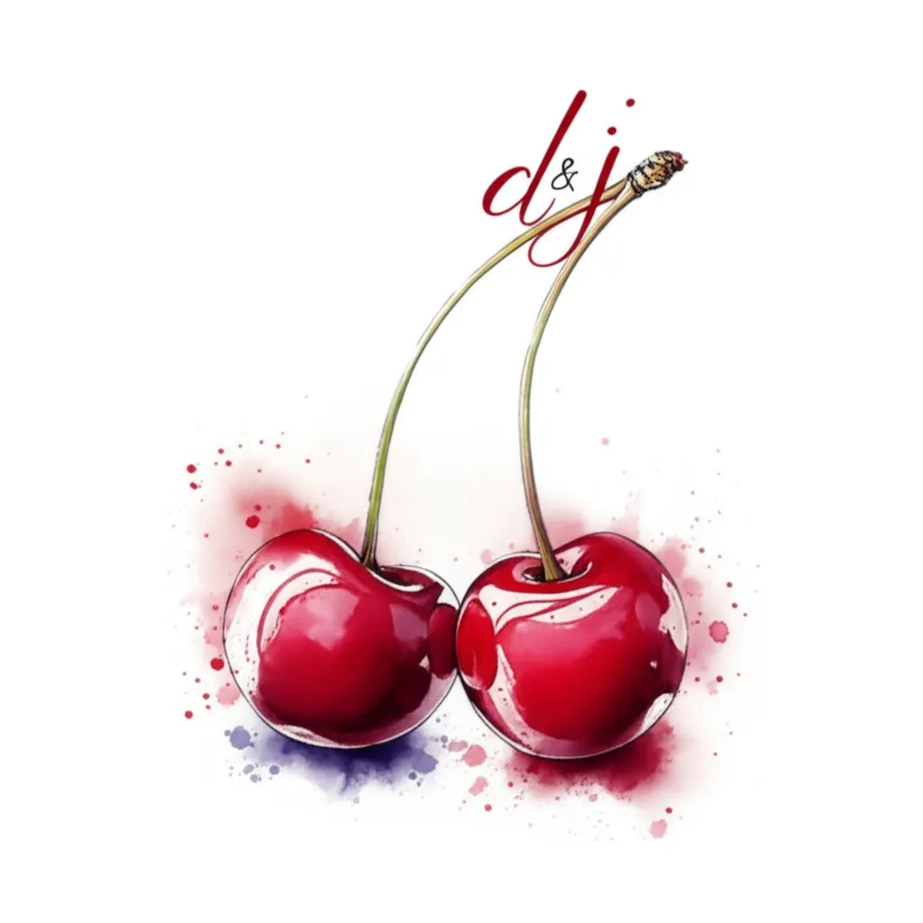 Watercolor Cherry Tattoo with Custom Lettering - D & J Initials