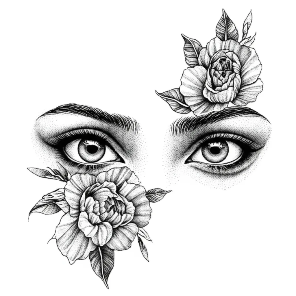 Siren Eyes with Tiger and Flowers Dotwork Tattoo Siren Eyes with Tiger and Flowers Dotwork Tattoo