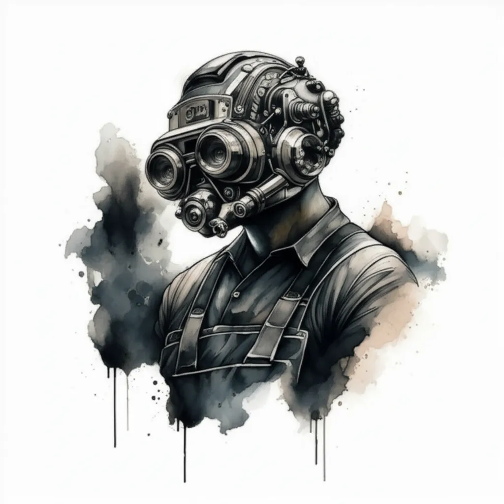 Watercolor Mechanic Tattoo Design with Dark, Cloudy Theme