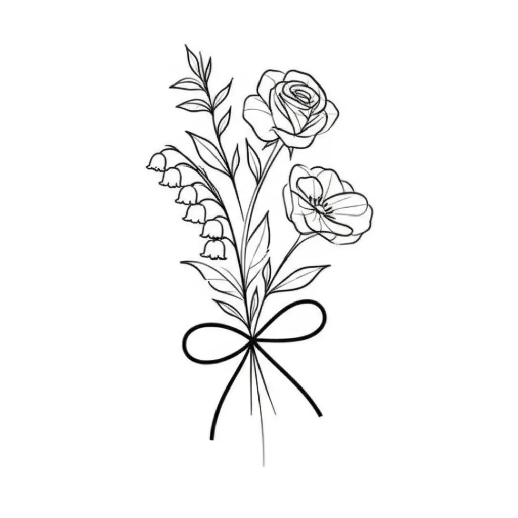 Minimalist Flower Bouquet Tattoo: Lily of the Valley, Rose, Daisy, Poppy Minimalist Flower Bouquet Tattoo: Lily of the Valley, Rose, Daisy, Poppy