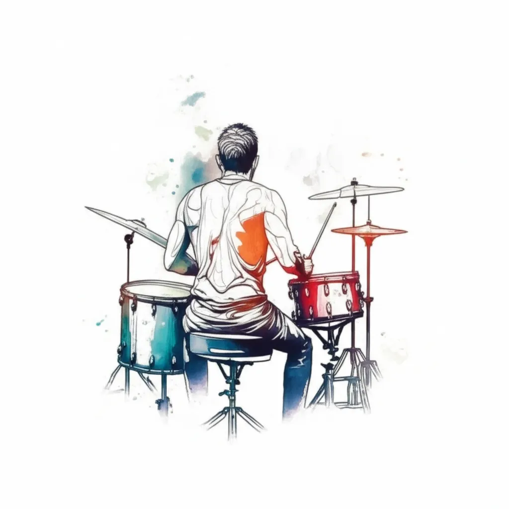 Watercolor Drummer Back Tattoo: Unique Music Inspired Design