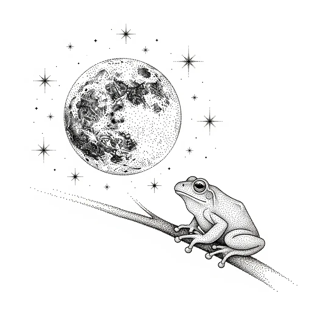 Dotwork Frog and Moon Tattoo Design