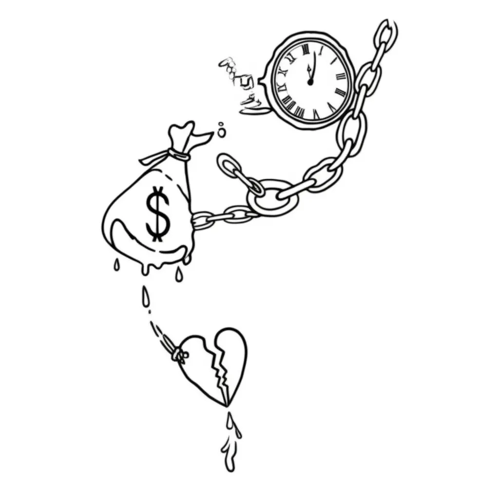 Minimalist Chain Dreamcatcher Tattoo Design with Moneybag, Clock, and Broken Heart