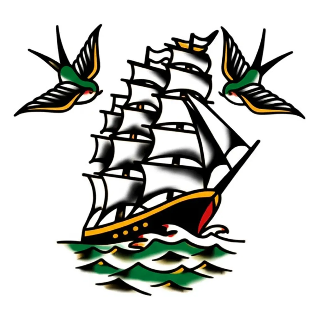 American Traditional Clipper Ship Tattoo with Swallows American Traditional Clipper Ship Tattoo with Swallows