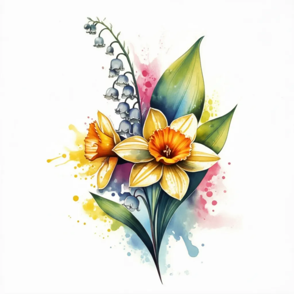Watercolor Lily of the Valley and Daffodil Tattoo Design