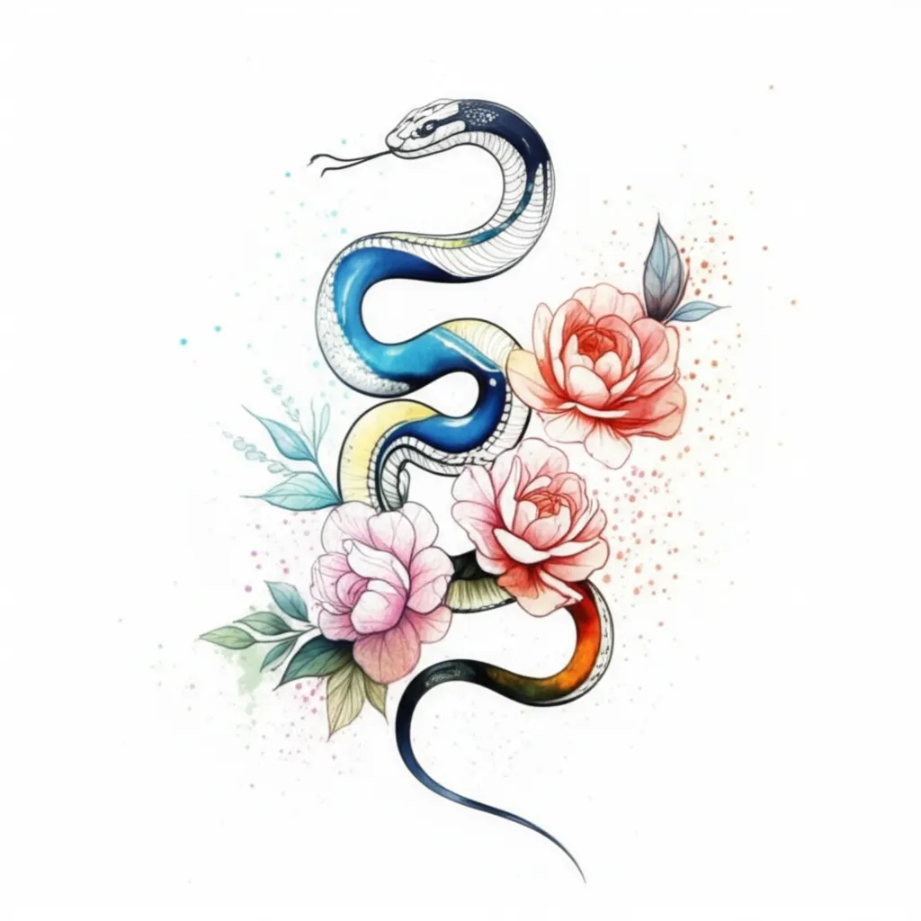 Watercolor Snake with Flowers Tattoo Idea
