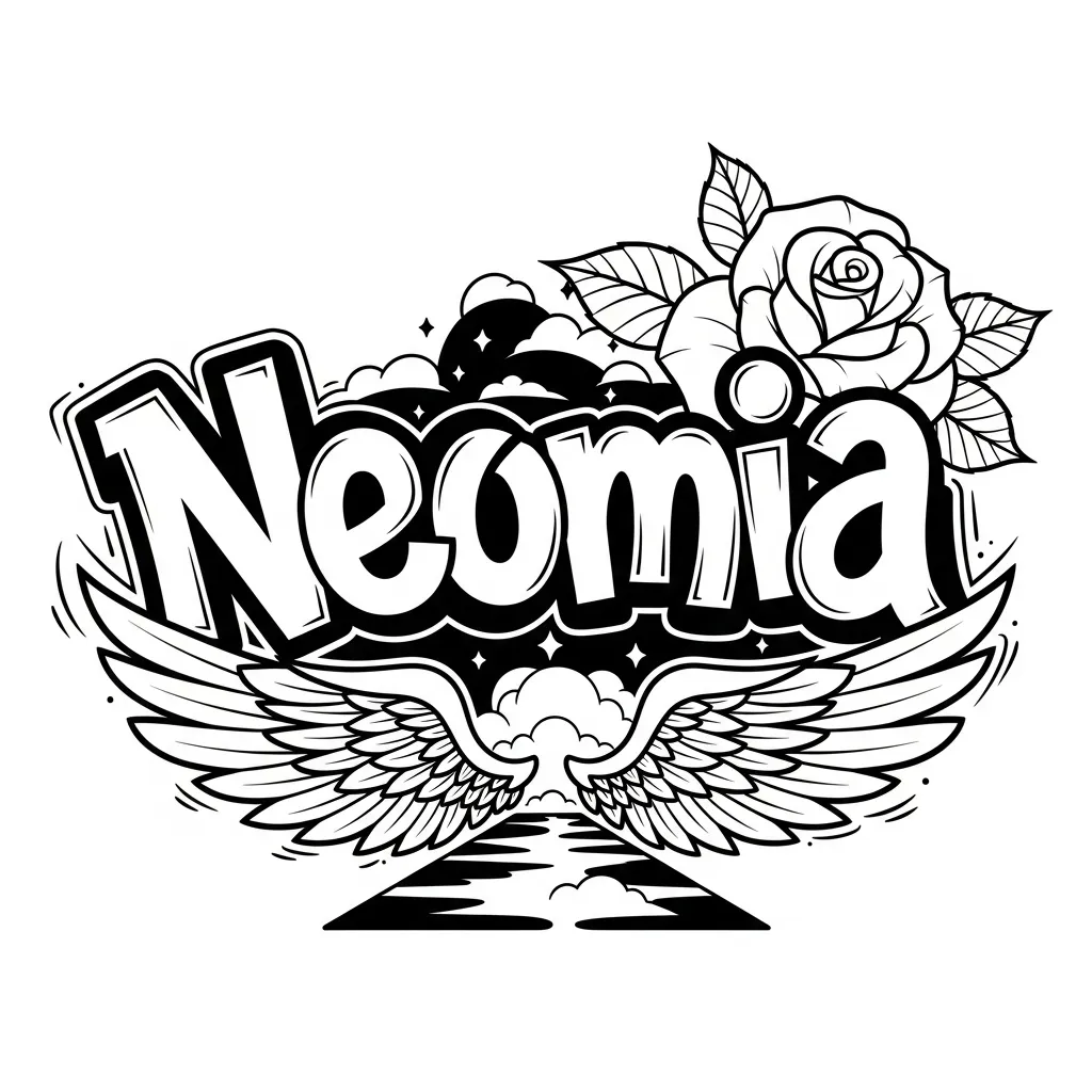 Neomia Name Graffiti Tattoo with Rose and Angel Wings Neomia Name Graffiti Tattoo with Rose and Angel Wings