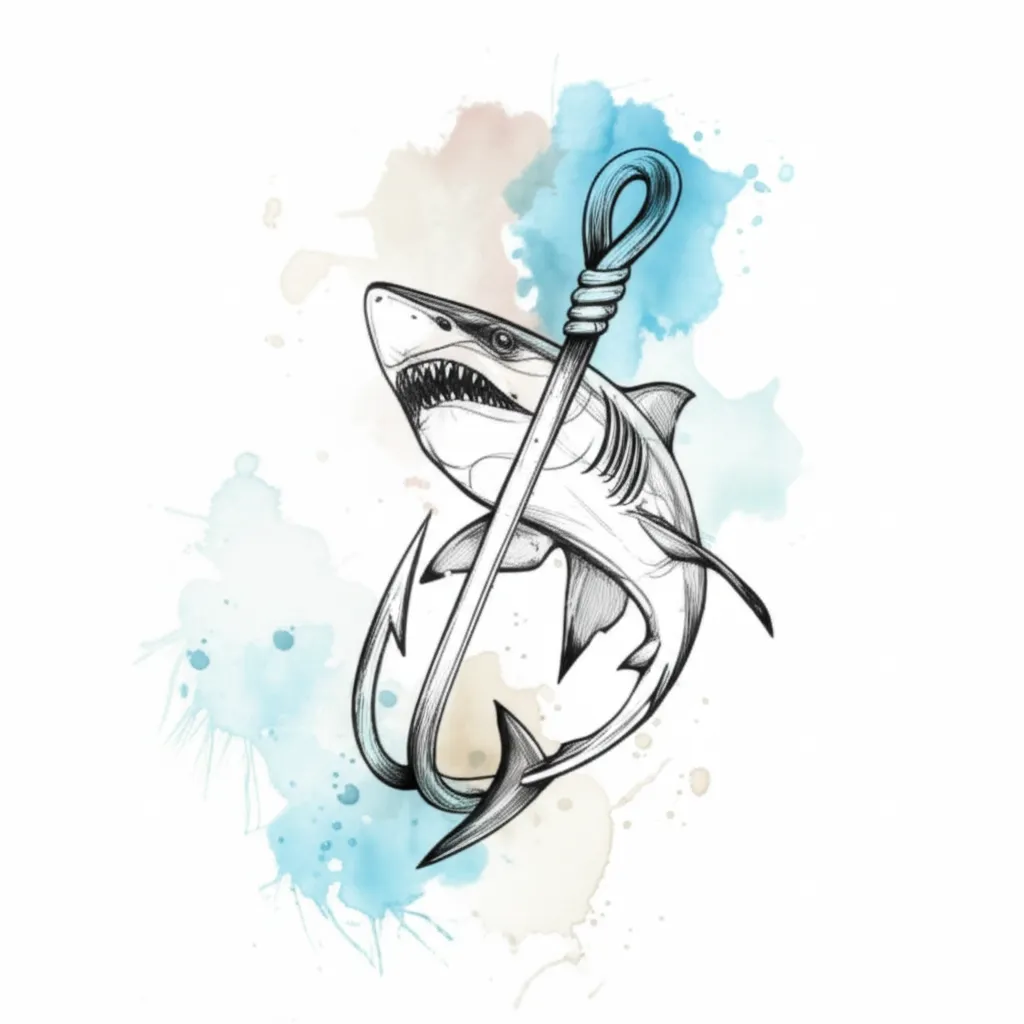 Watercolor Shark and Fish Hook Tattoo Design