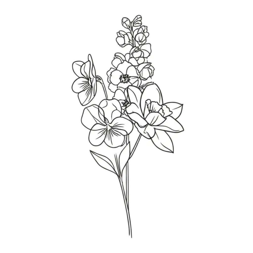 Minimalist Violet, Larkspur, and Paper White Flower Bouquet Tattoo Minimalist Violet, Larkspur, and Paper White Flower Bouquet Tattoo