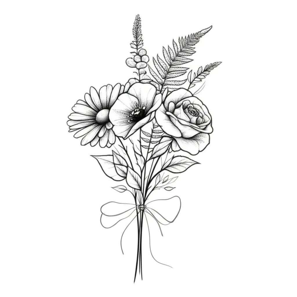 Fine Line Bouquet Tattoo: Daisy, Lily, Poppy, Rose & Fern