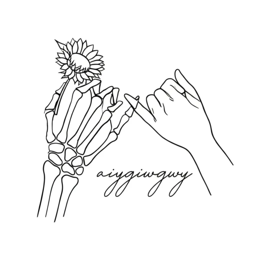 Minimalist Pinky Promise Tattoo with Skeleton Hand and Sunflower