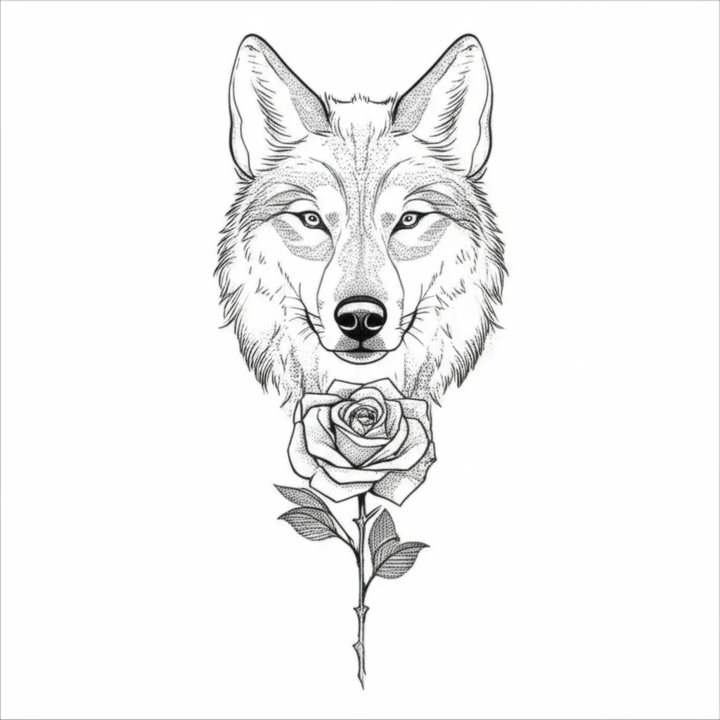 Fine Line Wolf and Rose Leg Tattoo Design