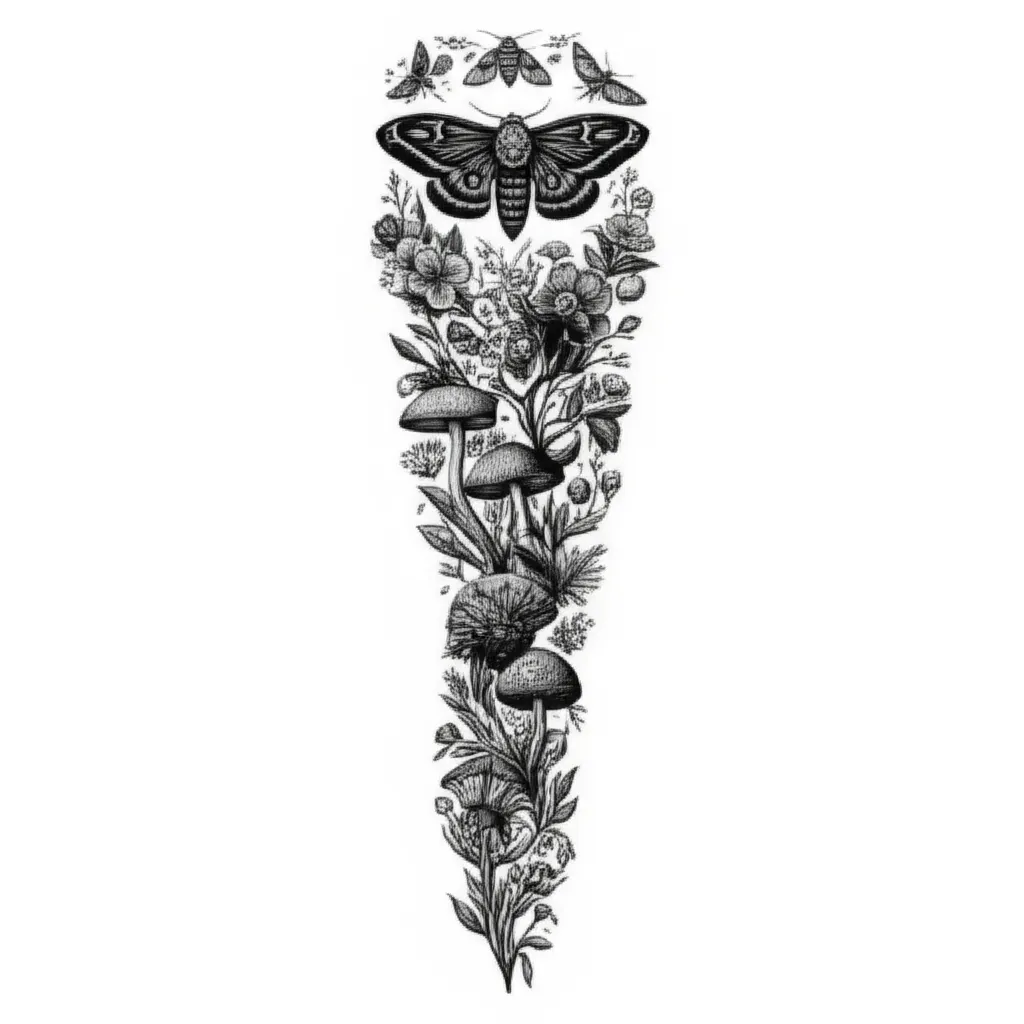 Illustrative Leg Sleeve Tattoo: Floral Forest, Moths & Mushrooms Illustrative Leg Sleeve Tattoo: Floral Forest, Moths & Mushrooms