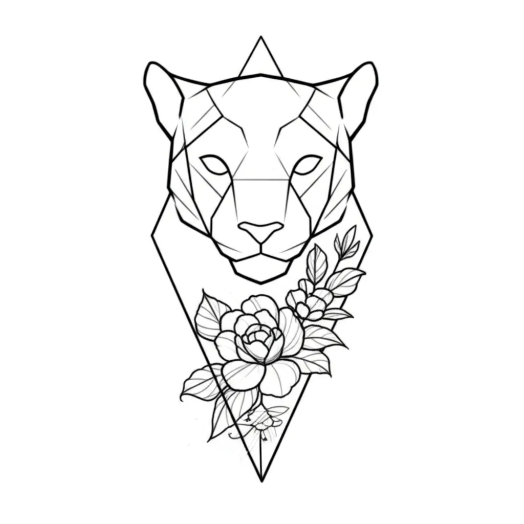 Minimalist Panther Geometric Tattoo with Flowers - Black and Gray Design Minimalist Panther Geometric Tattoo with Flowers - Black and Gray Design