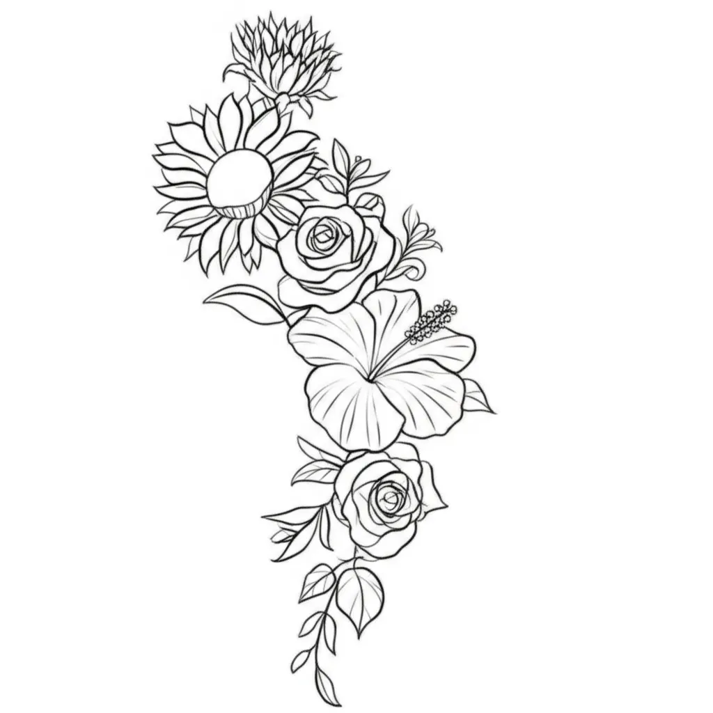 Minimalist Hibiscus, Sunflower, and Rose Tattoo Design