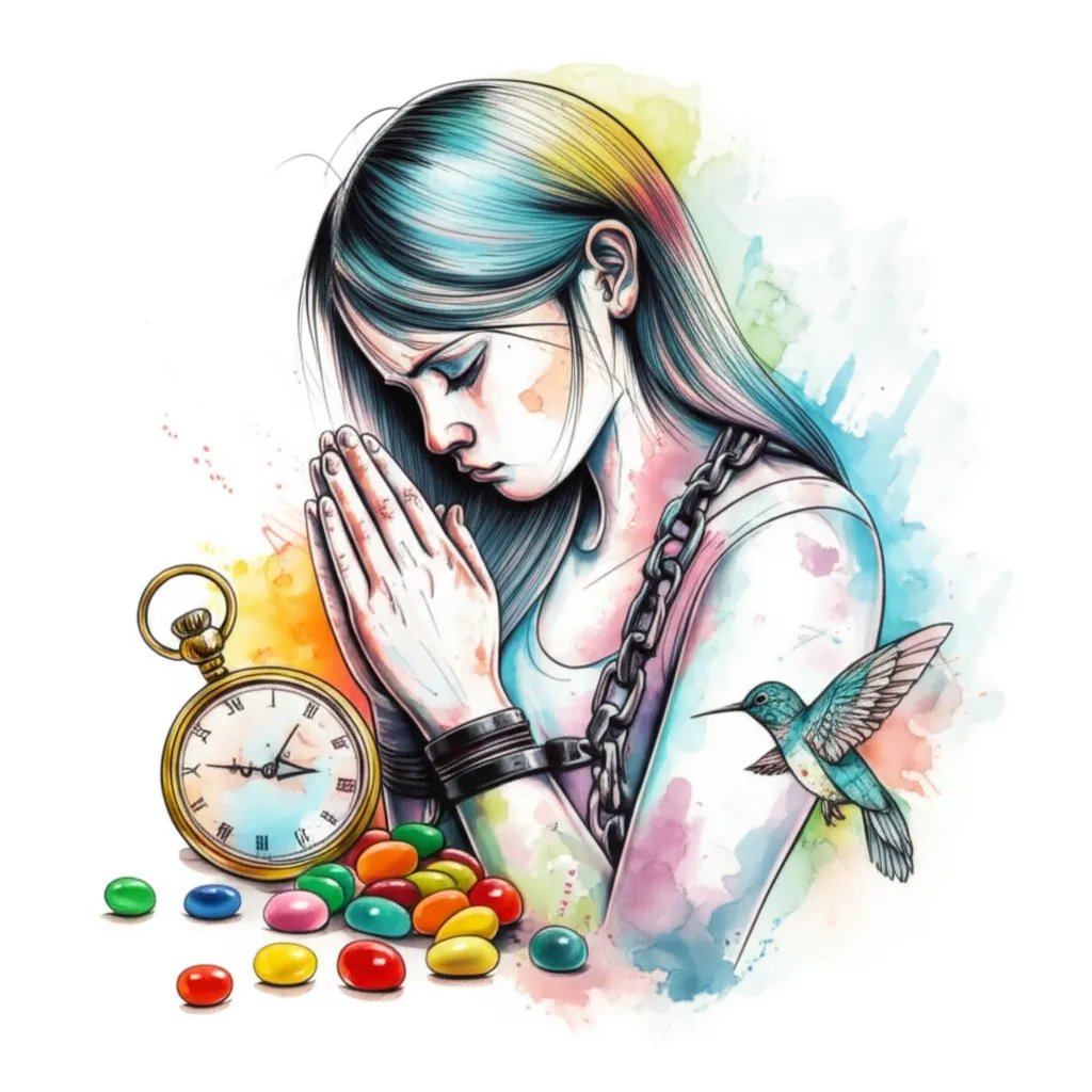 Watercolor Prayer Girl Tattoo with Compass, Hummingbird & Jellybeans Watercolor Prayer Girl Tattoo with Compass, Hummingbird & Jellybeans