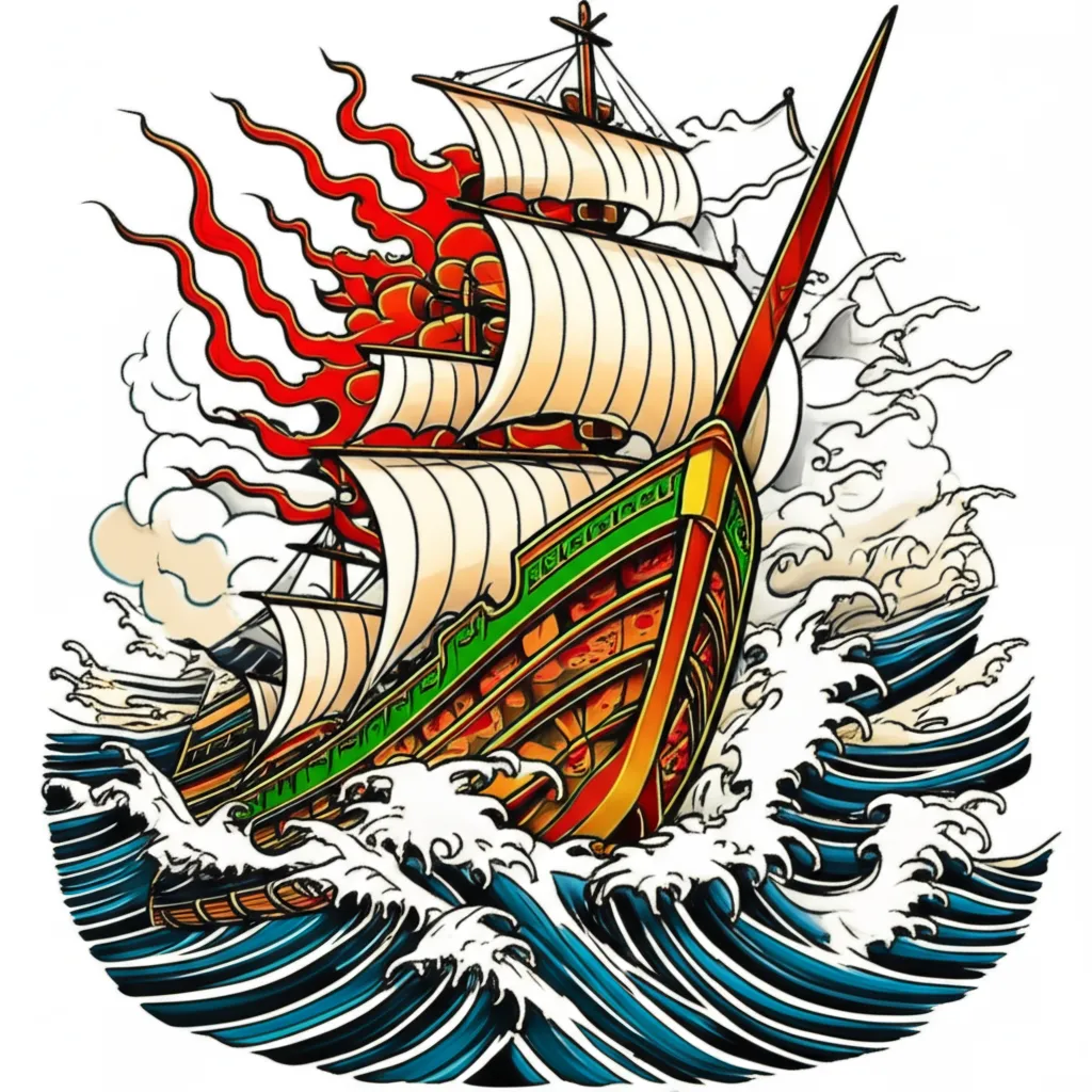 Japanese Traditional Burning Ship Tattoo Design
