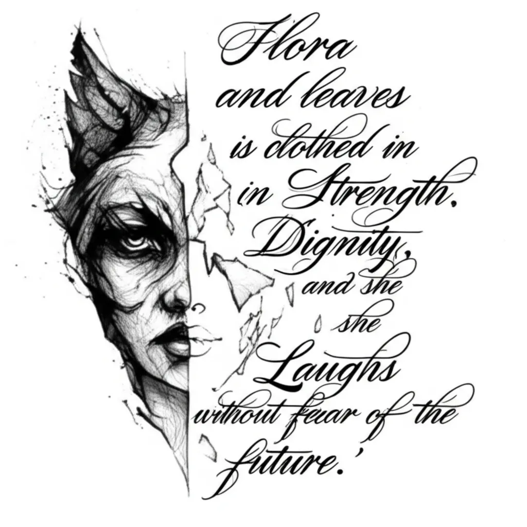 Strength and Dignity Tattoo with Wolf and Floral Design Strength and Dignity Tattoo with Wolf and Floral Design
