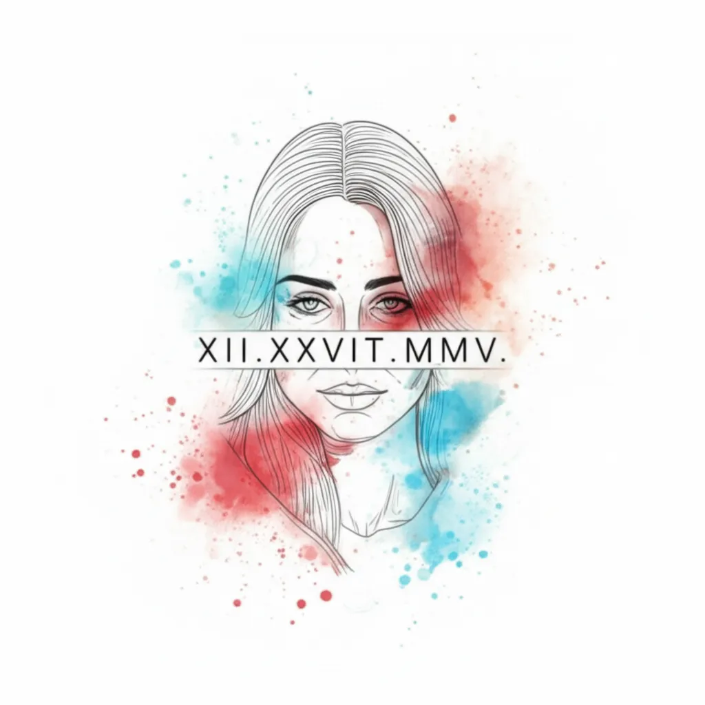 Watercolor Portrait Tattoo with Roman Numerals and 'Tylar' Name Watercolor Portrait Tattoo with Roman Numerals and 'Tylar' Name