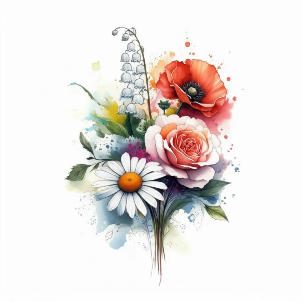 Watercolor Bouquet Tattoo: Daisy, Lily of the Valley, Poppy, Rose