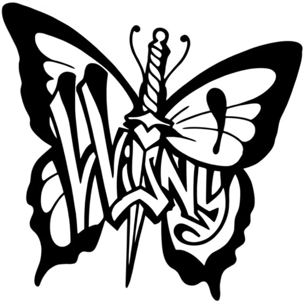 Butterfly Graffiti Tattoo with Dagger and 'Vinny' Design Butterfly Graffiti Tattoo with Dagger and 'Vinny' Design