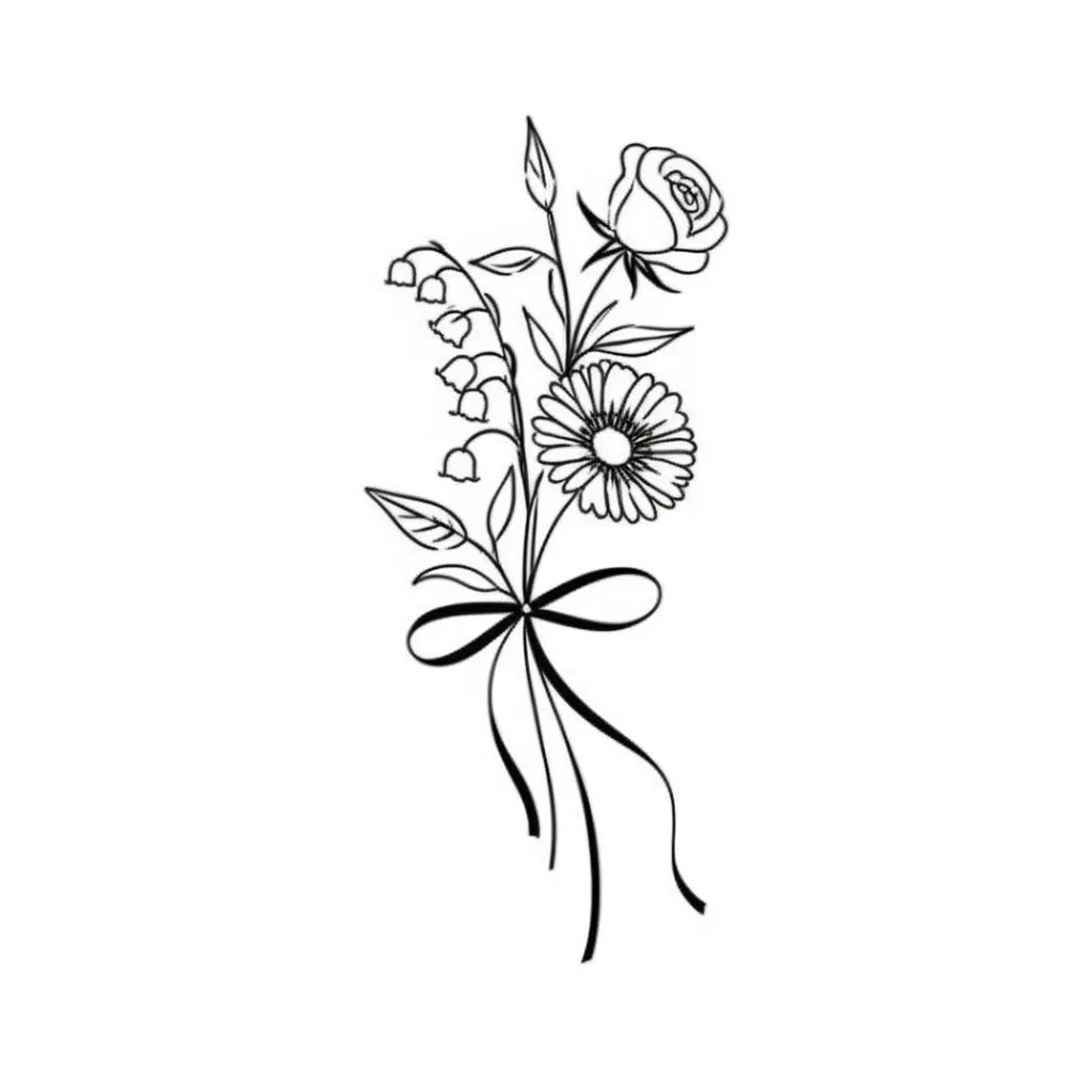 Minimalist Floral Bouquet Tattoo with Lily of the Valley, Rose, Daisy, and Poppy Minimalist Floral Bouquet Tattoo with Lily of the Valley, Rose, Daisy, and Poppy