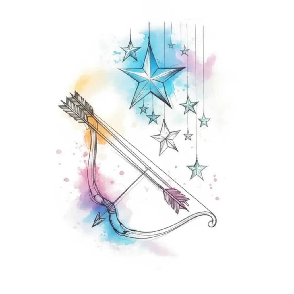 Watercolor Bow and Arrow with Stars Tattoo Idea
