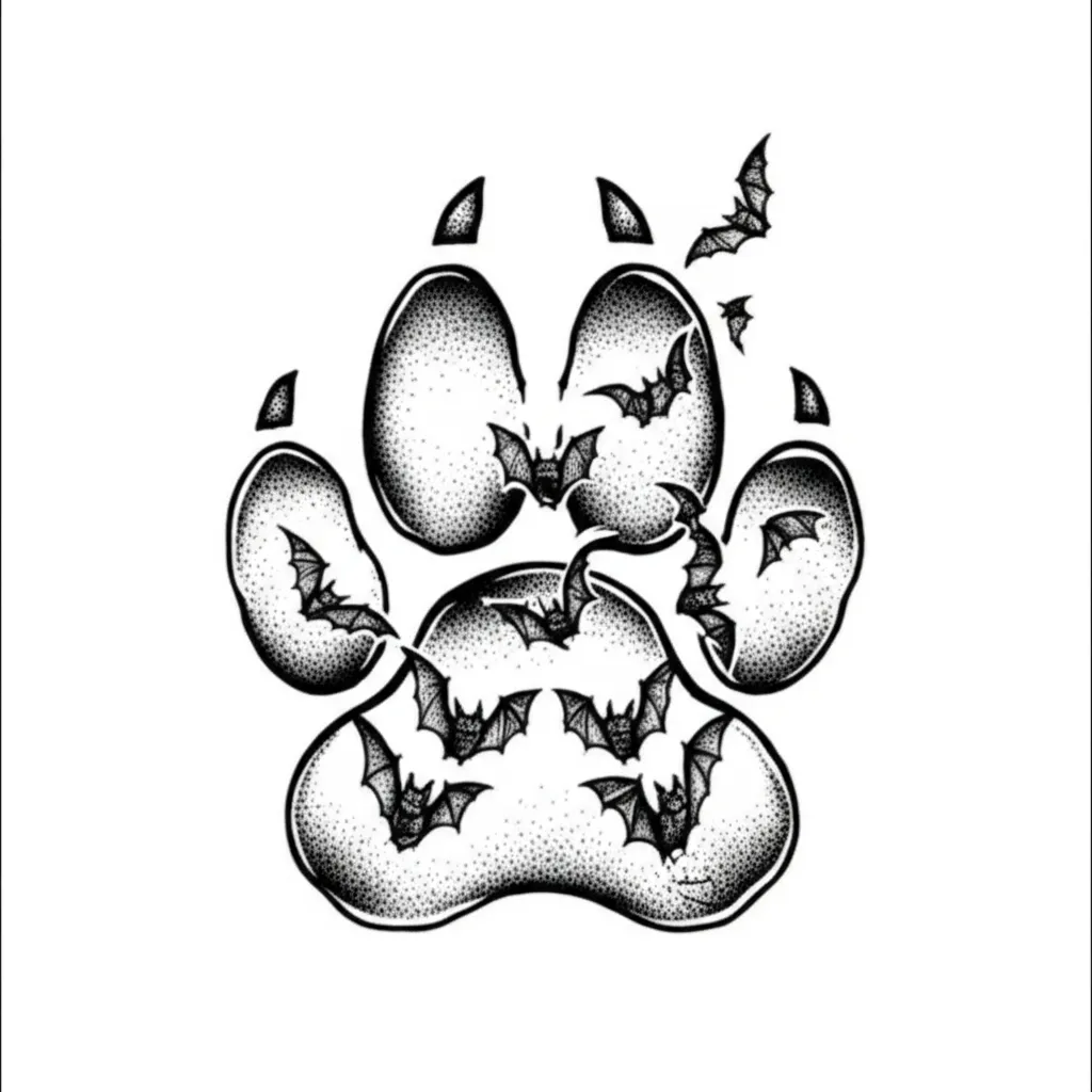 Dog Paw Print with Bats Fine Line Tattoo Design