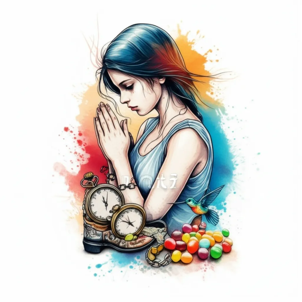 Watercolor Prayer Girl Tattoo with Compass, Hummingbird, and Cowboy Boot Watercolor Prayer Girl Tattoo with Compass, Hummingbird, and Cowboy Boot