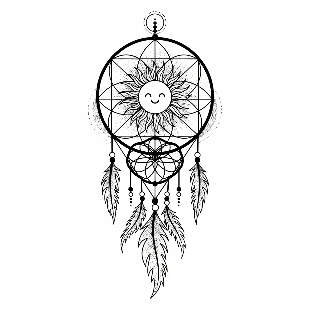 Dreamcatcher with Happy Sun Thigh Tattoo - Geometric Style Dreamcatcher with Happy Sun Thigh Tattoo - Geometric Style