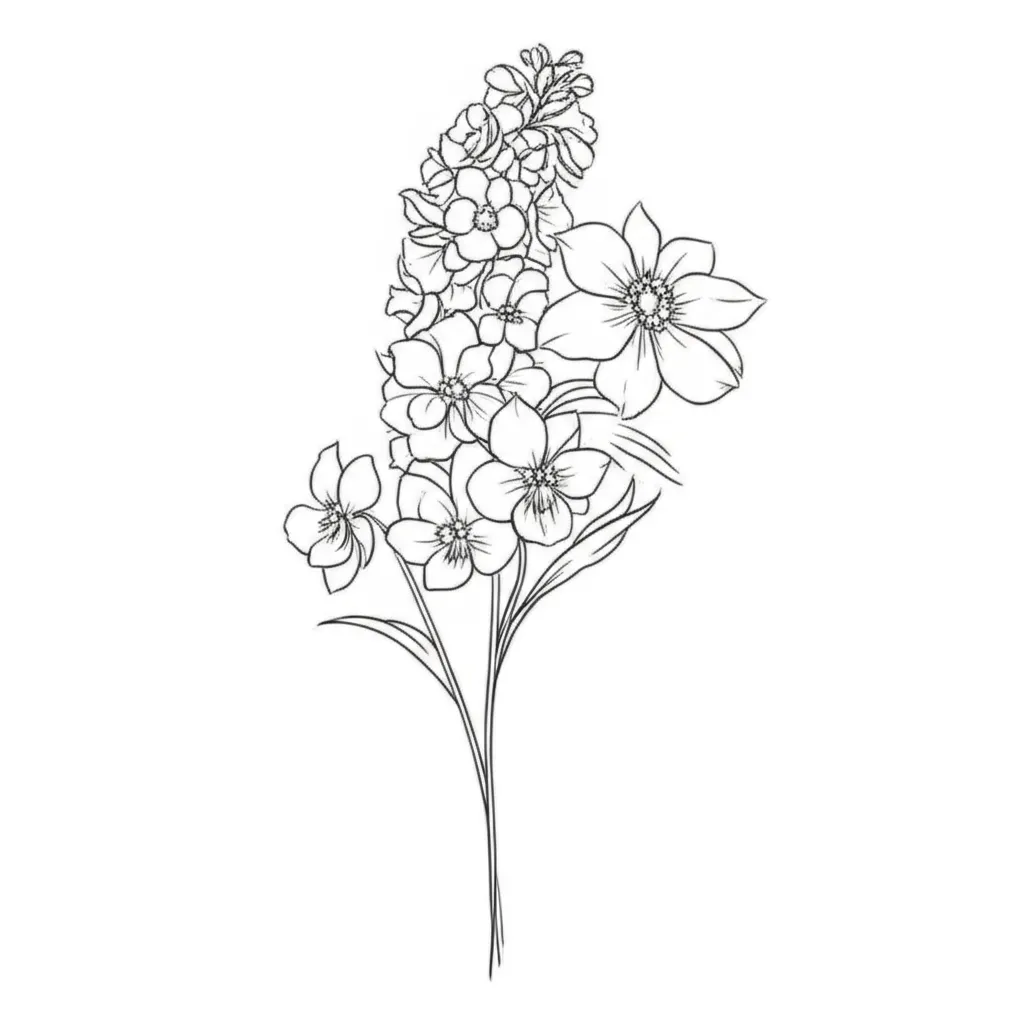 Minimalist Violet, Larkspur, and Paper White Flower Bouquet Tattoo Minimalist Violet, Larkspur, and Paper White Flower Bouquet Tattoo