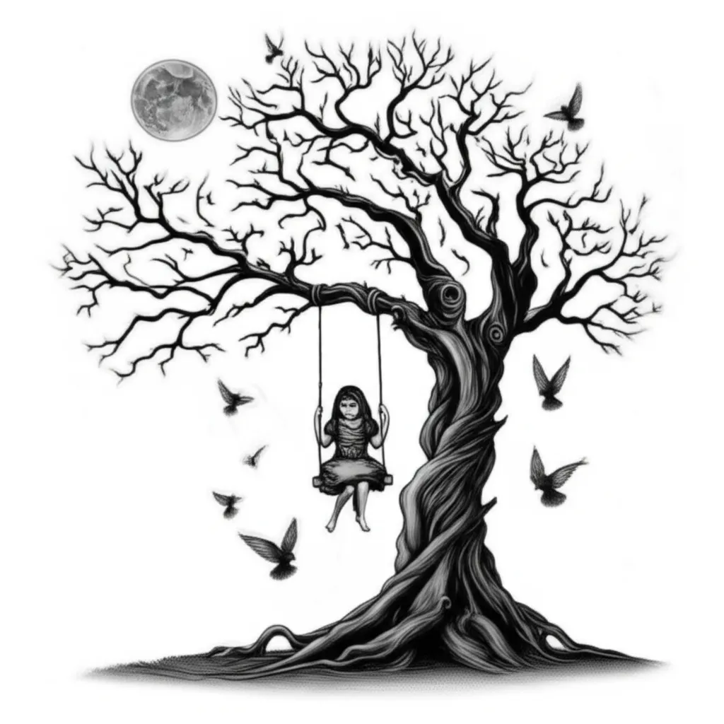 Gothic Dead Tree Tattoo with Girl on Swing - Forearm Design