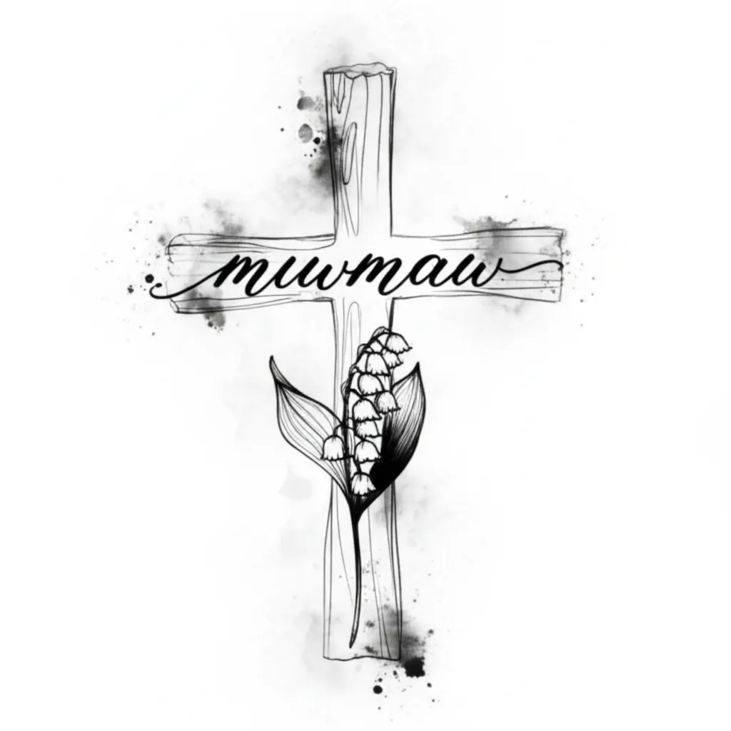 Watercolor Cross Tattoo with Lily of the Valley & 'Mawmaw' Script Watercolor Cross Tattoo with Lily of the Valley & 'Mawmaw' Script