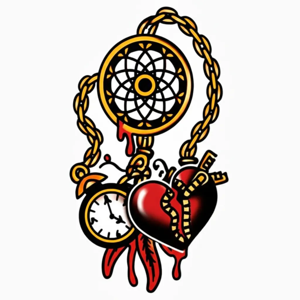 American Traditional Tattoo: Chain Dreamcatcher, Broken Heart & Time American Traditional Tattoo: Chain Dreamcatcher, Broken Heart & Time