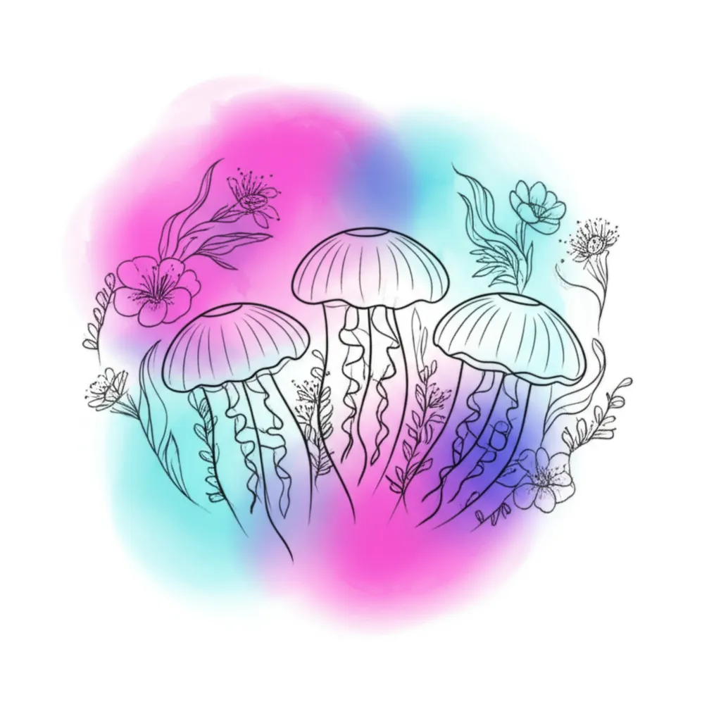 Minimalist Jellyfish Back Tattoo with Floral Accents Minimalist Jellyfish Back Tattoo with Floral Accents