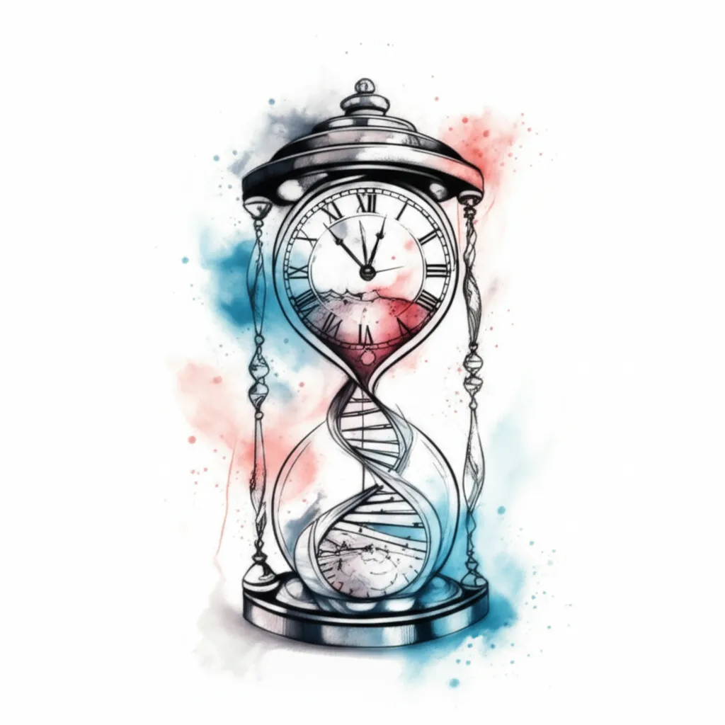 Watercolor Clock Hourglass DNA Strand Tattoo Design