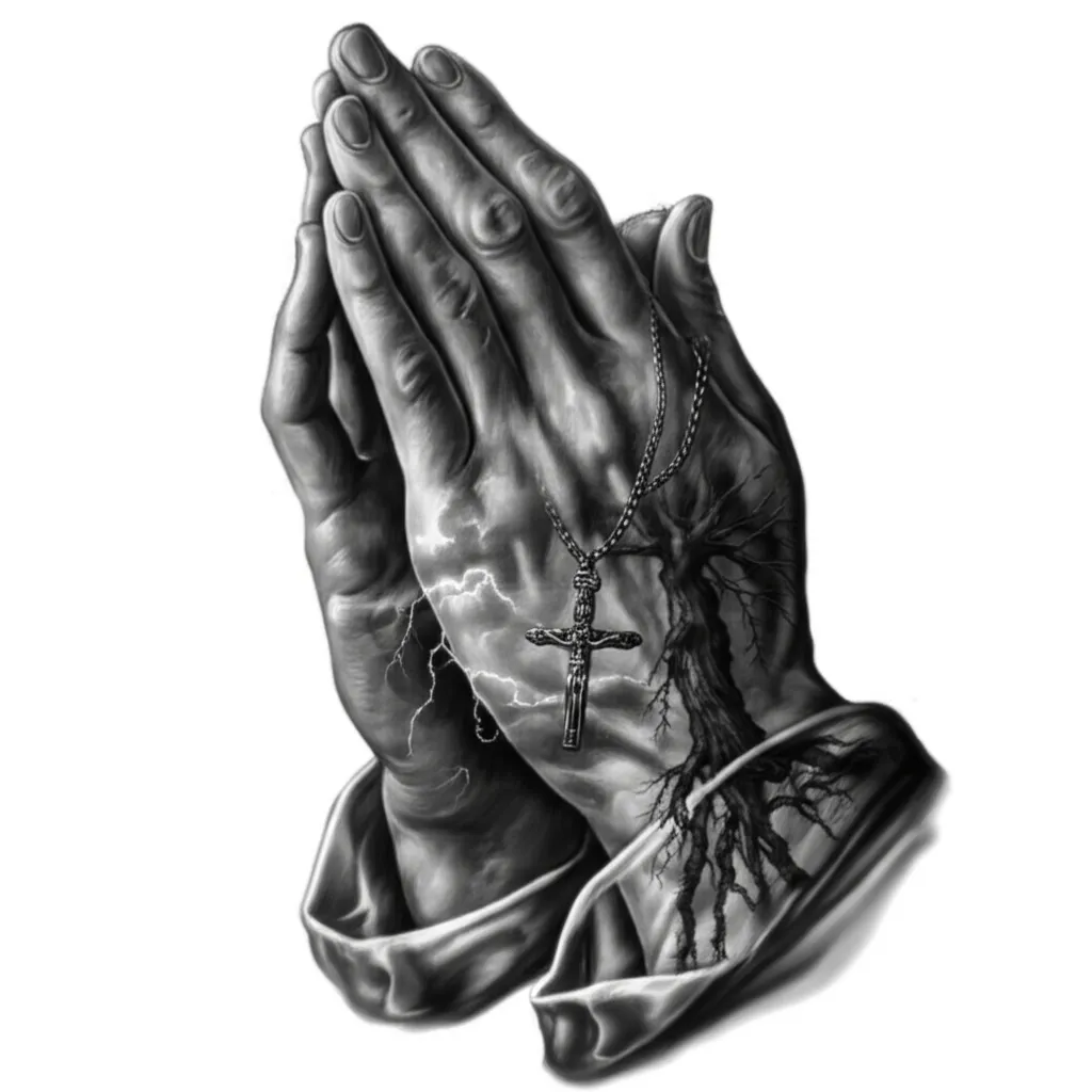 Realistic Prayer Hands Tattoo with Storm and Tree of Life Realistic Prayer Hands Tattoo with Storm and Tree of Life