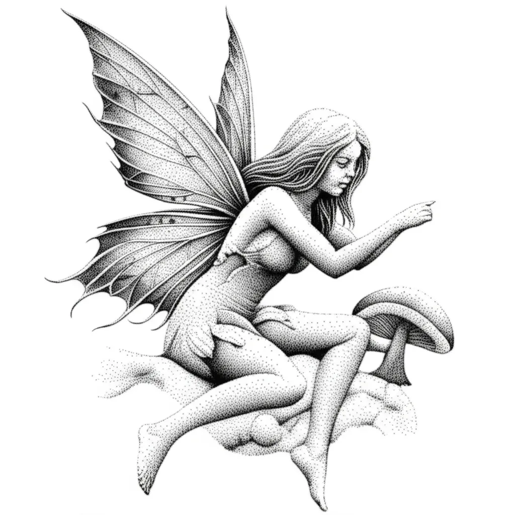 Enchanting Fairy and Mushroom Dotwork Tattoo Design Enchanting Fairy and Mushroom Dotwork Tattoo Design