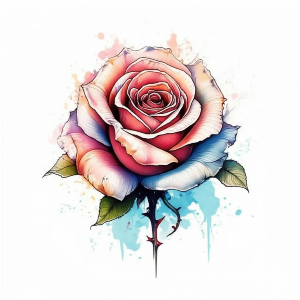 Watercolor Rose Tattoo with Thorns - Delicate Floral Design