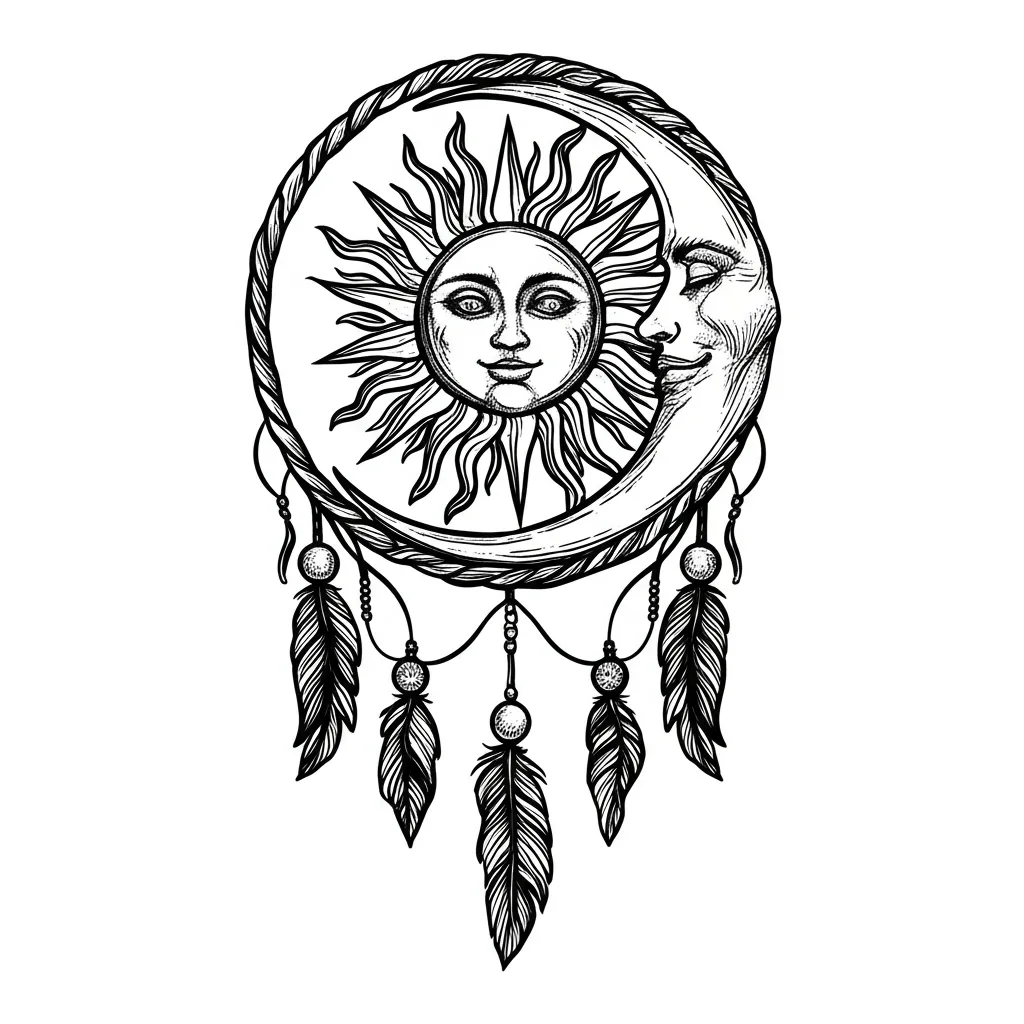 Sun and Moon Dreamcatcher Blackwork Tattoo Design