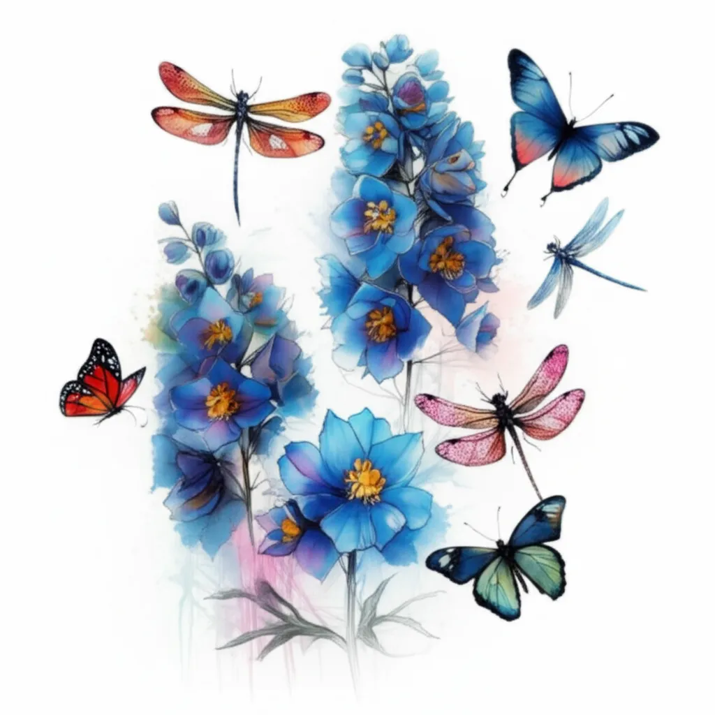 Watercolor Larkspur Flowers, Butterflies and Dragonflies Tattoo Idea Watercolor Larkspur Flowers, Butterflies and Dragonflies Tattoo Idea