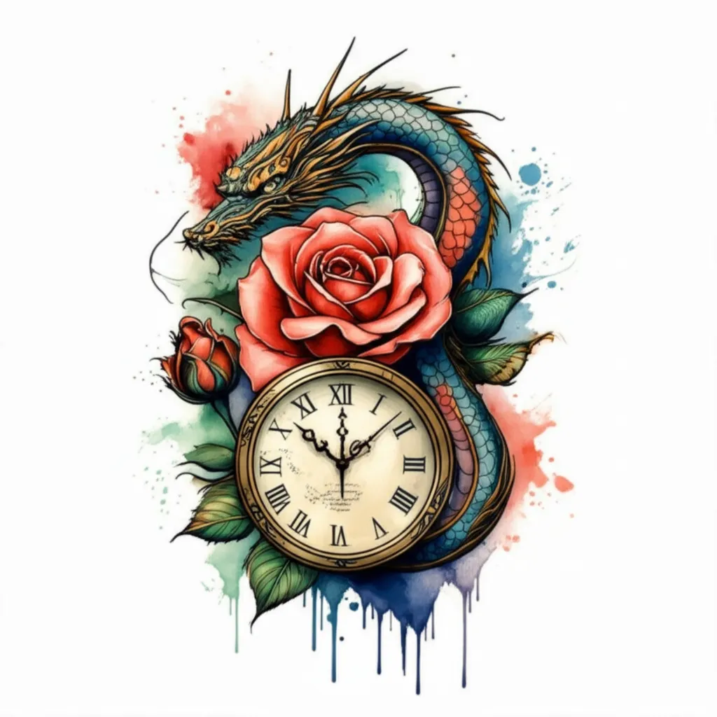 Watercolor Dragon, Money Rose and Clock Tattoo Design Watercolor Dragon, Money Rose and Clock Tattoo Design
