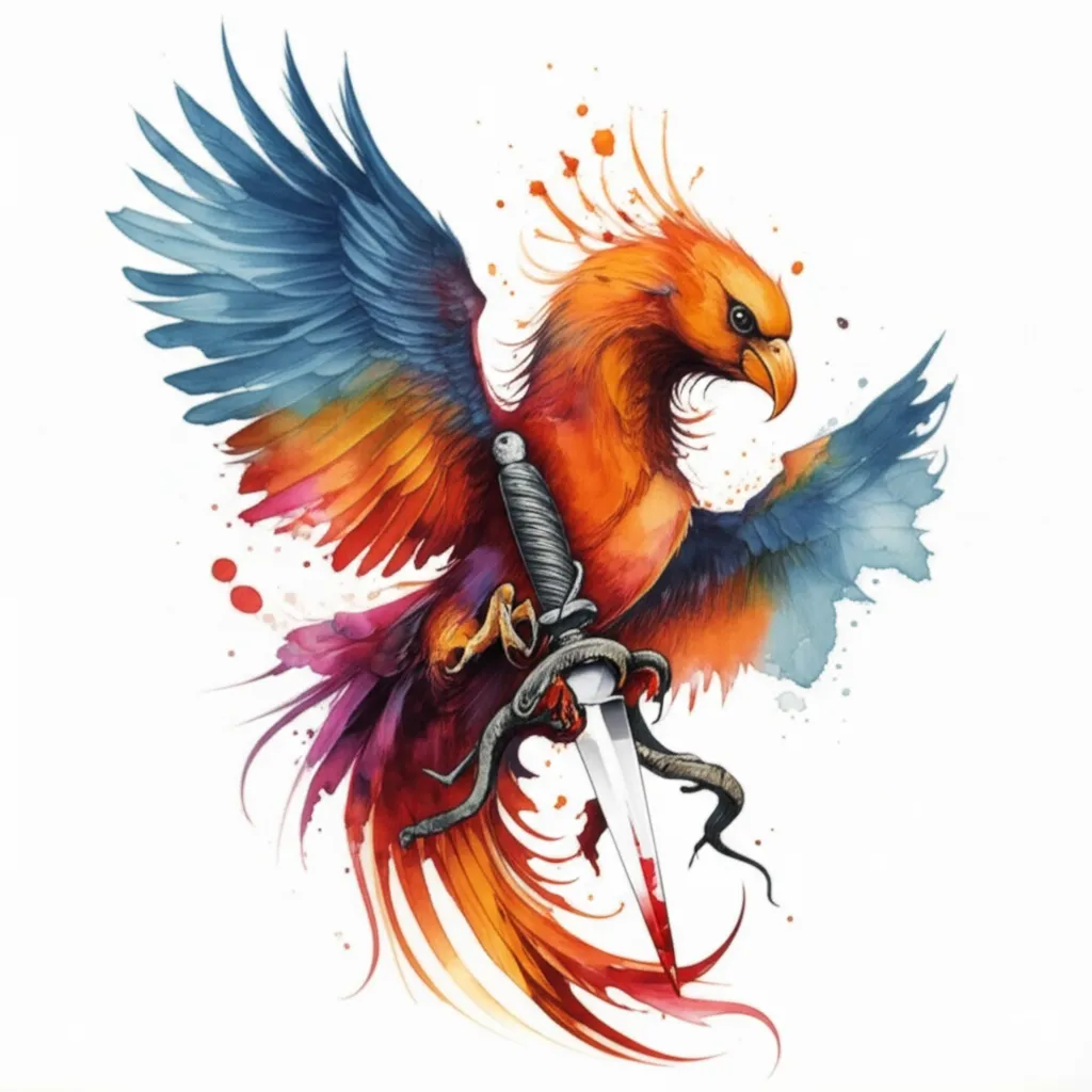 Watercolor Phoenix and Snake Tattoo Design with Dripping Blade Watercolor Phoenix and Snake Tattoo Design with Dripping Blade