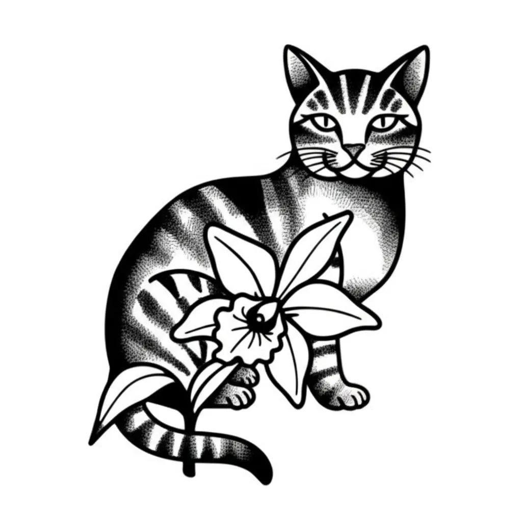 American Traditional Cat Tattoo with Cattleya Trianae Flower