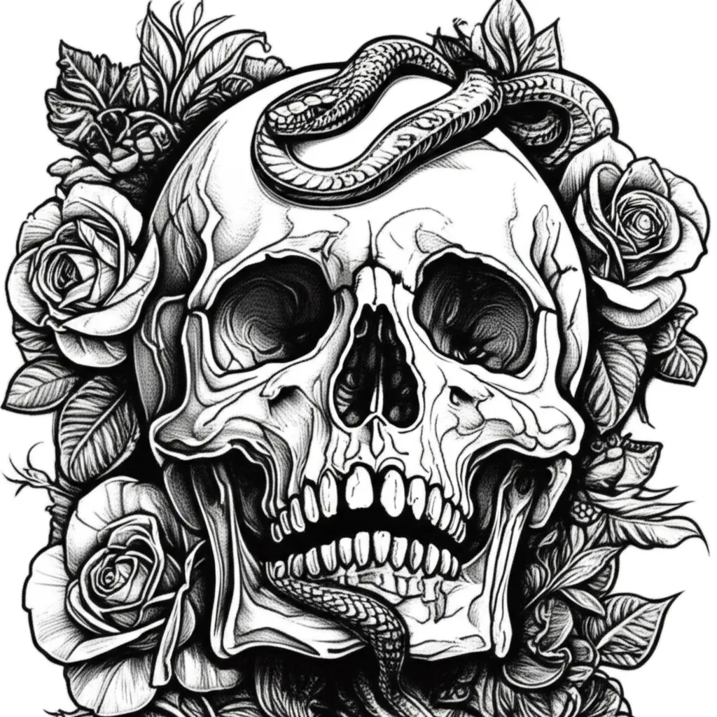 Gothic Skull with Snake and Roses Tattoo Design Gothic Skull with Snake and Roses Tattoo Design