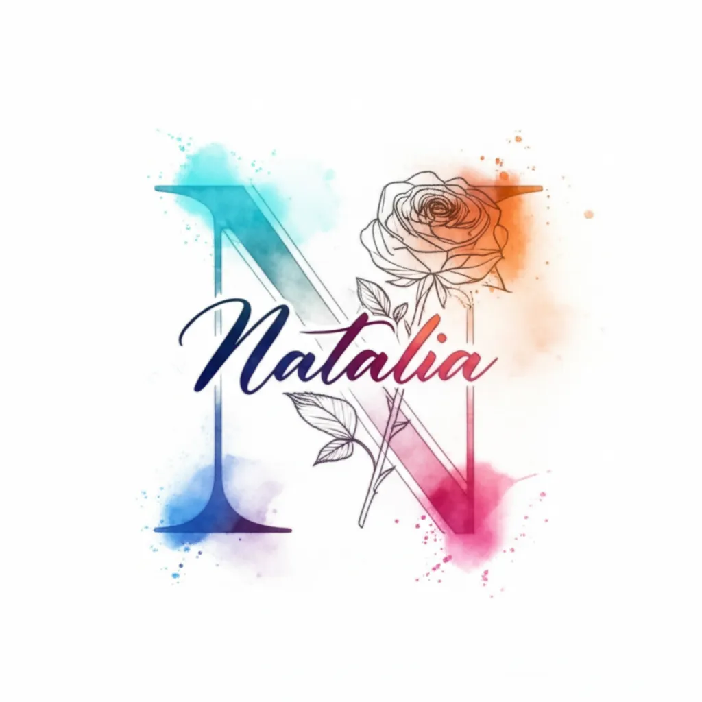 Natalia Name Tattoo with Watercolor Rose - Unique Design