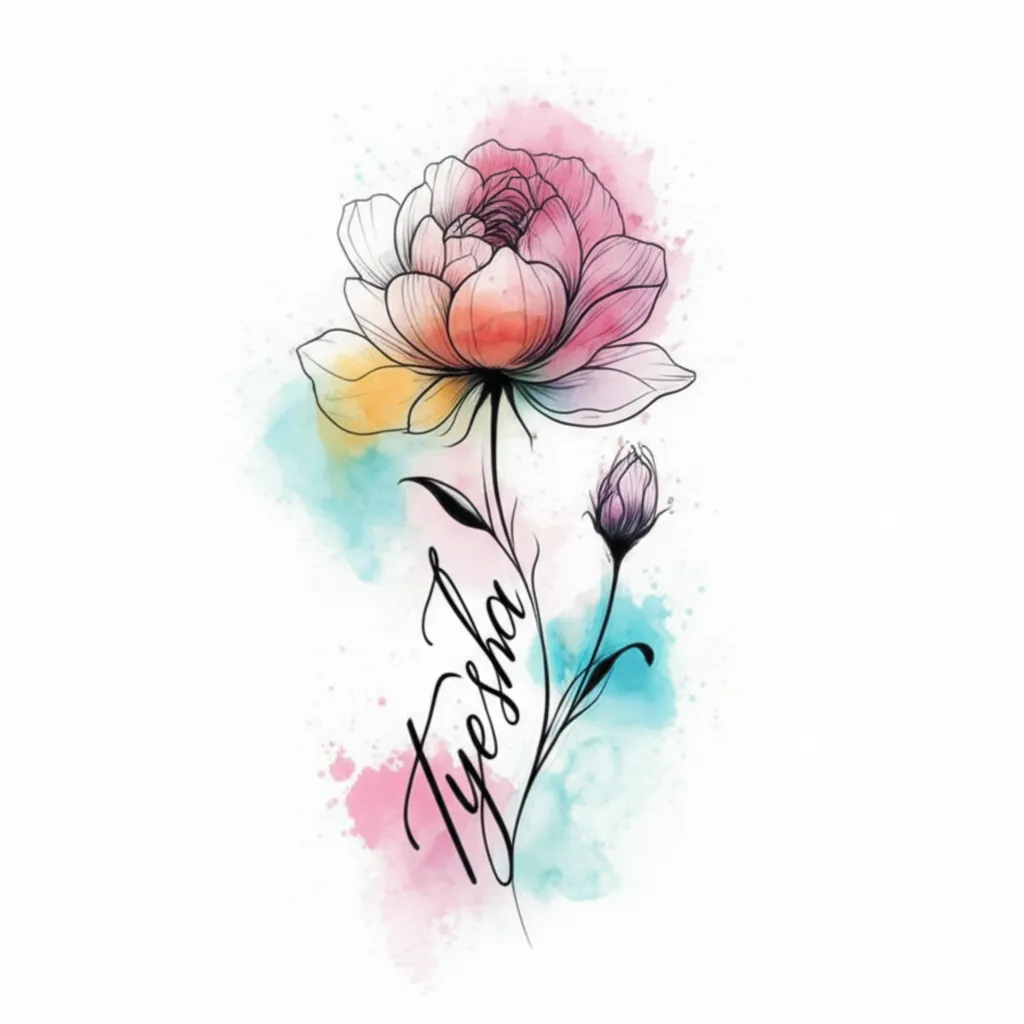 Watercolor Flower Tattoo with 'Tyesha' Name Stem Watercolor Flower Tattoo with 'Tyesha' Name Stem