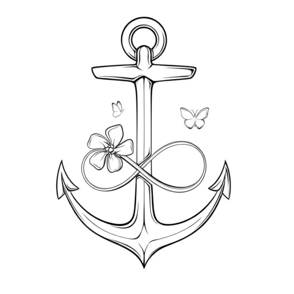 Minimalist Anchor Infinity Tattoo with Vinca Flower and Butterflies Minimalist Anchor Infinity Tattoo with Vinca Flower and Butterflies